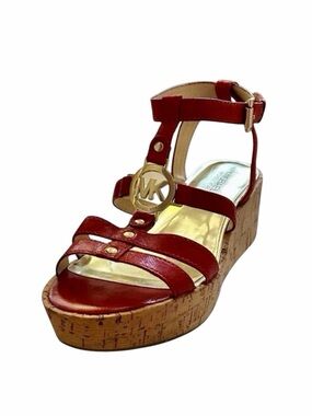 Michael Kors Red Crinkled Patent Leather Cork Wedge Nash Sandals Size 8